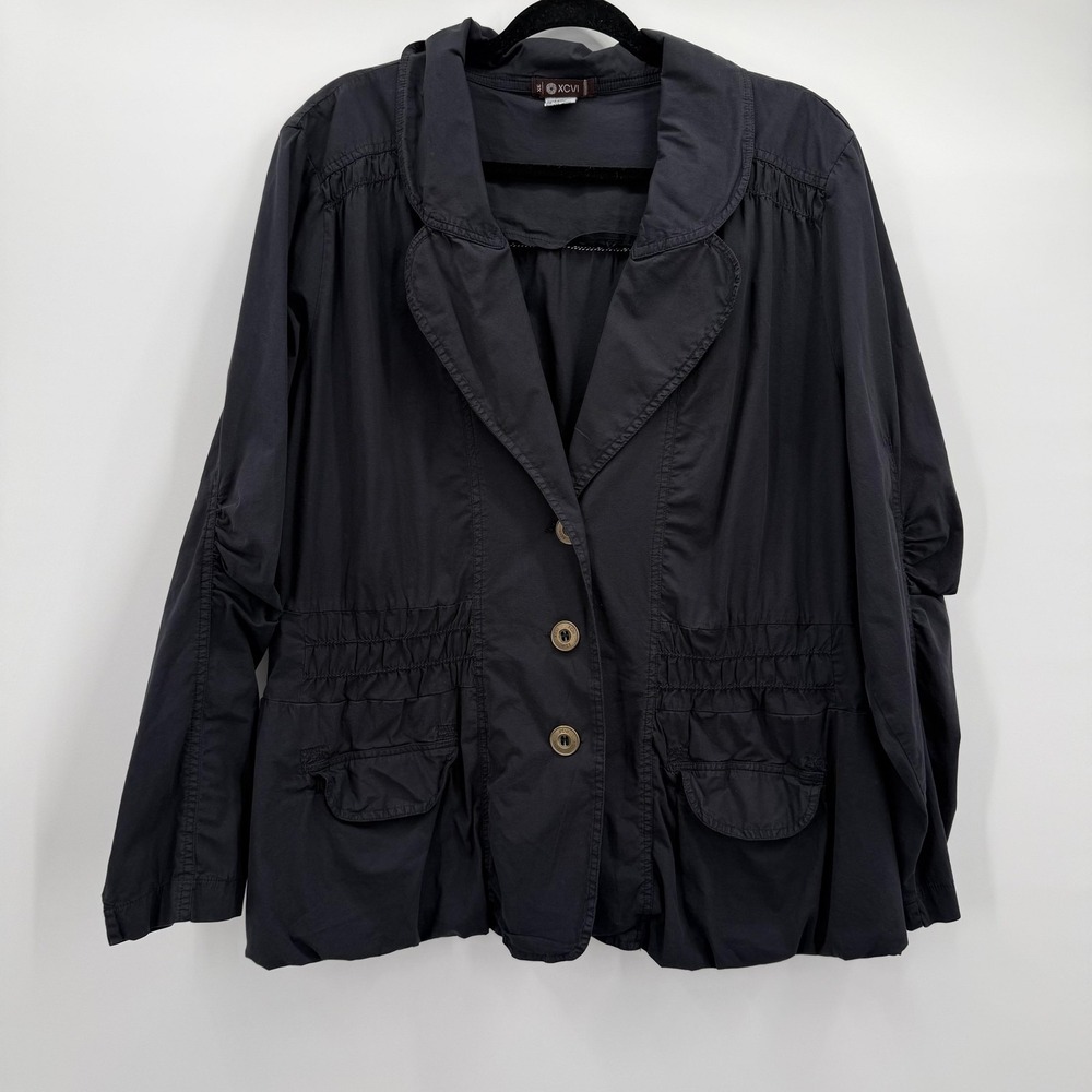 XCVI Jacket Womens 3X Black Button Front Elastic Waist Pockets Cotton Blend